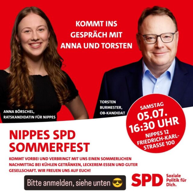 Kommt in's Gespräch mit @anna_boerschel (Kandidatin Rat & BV) und @torstenburmester.koeln (OB-Kandidat) und werdet eure Fragen zur Kommunalpolitik und der kommenden Wahl los!

Bei leckeren Getränken und Essen in entspannter, ungezwungener Atmosphäre - diesen Samstag, 05.07.25, ab 16:30 bei @susnippes12 

❗ Wichtig: Bitte meldet euch vorab kurz per Mail (dietmar.eisele@web.de oder anna-boerschel@web.de) an und teilt auch kurz mit, falls ihr veganes/vegetarisches Essen bevorzugt. Dann können wir ein bisschen besser planen.

Wir freuen uns auf euch!
