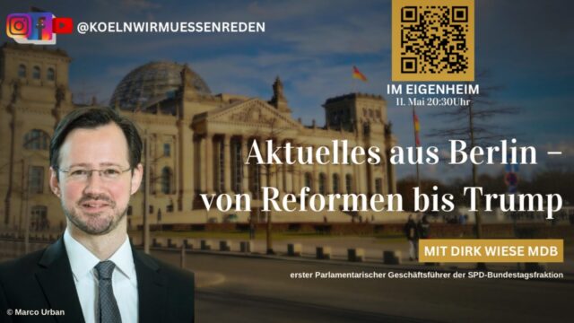 Am kommenden Montag, den 11. Mai, freuen wir uns besonders, Dirk Wiese MdB bei "Köln wir müssen reden" begrüßen zu dürfen. Kommt vorbei und schnuppert Bundespolitik. Um 20.30 Uhr im Eigenheim. Natürlich in Nippes.