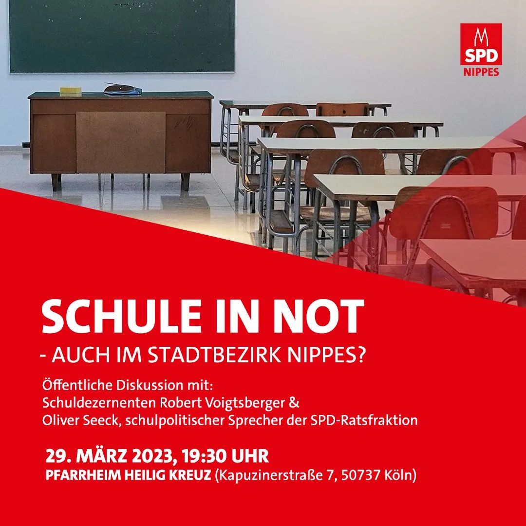 Kölner Schulen in der Krise!?

____

ACHTUNG UPDATE (Edit vom 17.03.23): Der Termin wird leider verschoben. Das neue Datum wird schnellstmöglich bekannt gegeben.

_____ 

Die SPD im Stadtbezirk Nippes lädt am Dienstag, 29.03.2023, zur öffentlichen Diskussion ein.

Wir wollen wissen:
❓Wie empfindet ihr die aktuelle Situation der Schulen?
❓ Was muss sich dringend verbessern?
❓ Was wolltet ihr uns oder der Stadt dazu immer schon einmal, sagen?

Gäste sind der Sozialdezernent der @stadt.koeln Robert Voigtsberger und der schulpolitische Sprecher der @koelnspd @seeckstadtrat!

Den Link zur Veranstaltung mit weiteren Infos findet ihr in unserer Bio.

Seid dabei. Redet mit.
Wir freuen uns auf euch!

#schulnotstand #köln #kölnerschulen