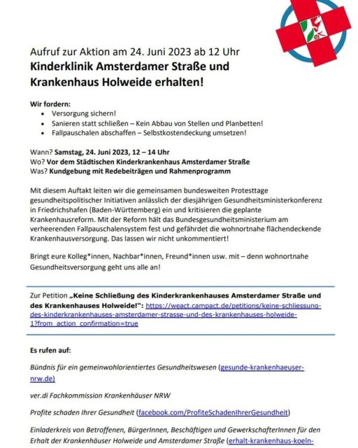 Der Rat hat beschlossen, dass dem von OB Reker beauftragten Rationalisierungskonzept folgen wird. Das Kinderkrankenhaus soll geschlossen werden. Unser stellvertretender Bezirksbürgermeister @henning_cologne und die gesamte @spdbvnippes haben sich dagegen sehr stark gemacht. Die Fraktion im Rat hat ihr möglichstes getan, um das Konzept zu verbessern.

Aber wir geben nicht auf. Noch ist das Kinderkrankenhaus nicht verloren.

Zwischenzeitlich hat eine Gruppe aktiver Menschen aus Köln eine Petition gestartet, die nach kürzester Zeit heute schon über 40.000 Unterschriften hat. Der Forderung schließen wir uns natürlich an. Auszugsweise heißt es von den Initiator*innen:
"Wir sind entsetzt über die Ankündigung der Kölner Oberbürgermeisterin und der Leitung der
Kliniken der Stadt Köln, unter der Überschrift „Zukunftsmodell 1 + 0“ zusätzlich zum
Krankenhaus Holweide jetzt auch noch die Kinderklinik Amsterdamer Straße zu schließen
und mit der „Zentralisierung“ in Merheim ca. 400 Betten und 381 Arbeitsplätze (2) abbauen
zu wollen. Wir rufen dazu auf, dieses Vorhaben zu stoppen."

Wir bitten um Unterstützung der Petition. Den Link packen wir in unsere Bio!

Außerdem findet diesen Samstag eine Demo vor dem Kinderkrankenhaus statt. Wer den Erhalt will, soll dringend dazu kommen.

Nicht aufgeben! Für den Erhalt kämpfen!