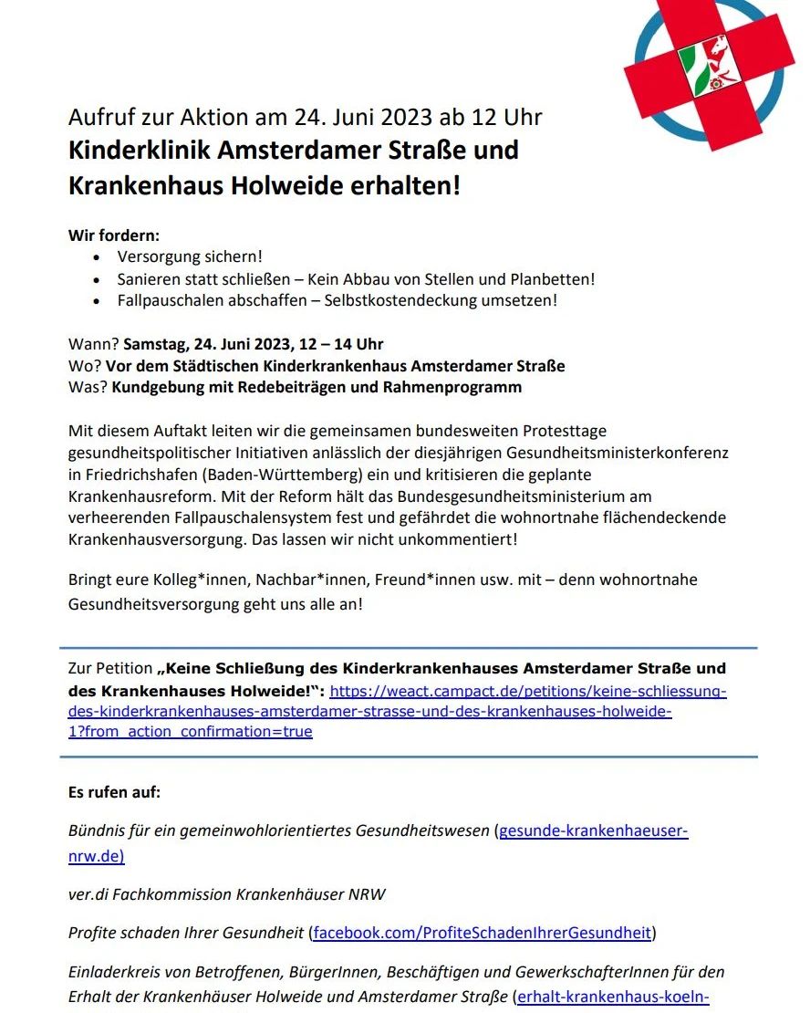 Der Rat hat beschlossen, dass dem von OB Reker beauftragten Rationalisierungskonzept folgen wird. Das Kinderkrankenhaus soll geschlossen werden. Unser stellvertretender Bezirksbürgermeister @henning_cologne und die gesamte @spdbvnippes haben sich dagegen sehr stark gemacht. Die Fraktion im Rat hat ihr möglichstes getan, um das Konzept zu verbessern.

Aber wir geben nicht auf. Noch ist das Kinderkrankenhaus nicht verloren.

Zwischenzeitlich hat eine Gruppe aktiver Menschen aus Köln eine Petition gestartet, die nach kürzester Zeit heute schon über 40.000 Unterschriften hat. Der Forderung schließen wir uns natürlich an. Auszugsweise heißt es von den Initiator*innen:
"Wir sind entsetzt über die Ankündigung der Kölner Oberbürgermeisterin und der Leitung der
Kliniken der Stadt Köln, unter der Überschrift „Zukunftsmodell 1 + 0“ zusätzlich zum
Krankenhaus Holweide jetzt auch noch die Kinderklinik Amsterdamer Straße zu schließen
und mit der „Zentralisierung“ in Merheim ca. 400 Betten und 381 Arbeitsplätze (2) abbauen
zu wollen. Wir rufen dazu auf, dieses Vorhaben zu stoppen."

Wir bitten um Unterstützung der Petition. Den Link packen wir in unsere Bio!

Außerdem findet diesen Samstag eine Demo vor dem Kinderkrankenhaus statt. Wer den Erhalt will, soll dringend dazu kommen.

Nicht aufgeben! Für den Erhalt kämpfen!